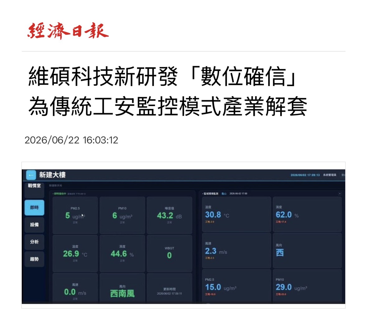 維碩科技獲經濟日報專訪報導──aiBUILT 智慧戰情室即時畫面